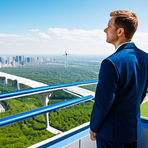 Home 19 A professional engineer, fully clothed in a modest, modern uniform, stands on an observation deck, looking up at a sleek, white and blue electric aircraft flying gracefully through a clear, serene blue sky. In the distant background, a futuristic city skyline with lush green spaces is subtly visible, symbolizing environmental benefit. The engineer has perfect anatomy, correct proportions, and a natural pose, well-formed hands, proper finger count, natural body proportions. This scene emphasizes zero emissions and quiet operation. Professional photography, high quality, vibrant colors, clear focus, safe for work, appropriate content, fully clothed, professional.