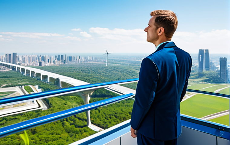 A professional engineer, fully clothed in a modest, modern uniform, stands on an observation deck, looking up at a sleek, white and blue electric aircraft flying gracefully through a clear, serene blue sky. In the distant background, a futuristic city skyline with lush green spaces is subtly visible, symbolizing environmental benefit. The engineer has perfect anatomy, correct proportions, and a natural pose, well-formed hands, proper finger count, natural body proportions. This scene emphasizes zero emissions and quiet operation. Professional photography, high quality, vibrant colors, clear focus, safe for work, appropriate content, fully clothed, professional.