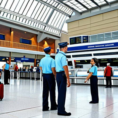 Home 18 Airline Operations - Ticketing and Ground Staff**
"A bustling airport scene with ground staff assisting passengers, fully clothed in professional uniforms, appropriate attire, safe for work, ticket booking counters visible in the background, modern airport architecture, perfect anatomy, correct proportions, natural pose, family-friendly, high-quality photograph, daytime."
**