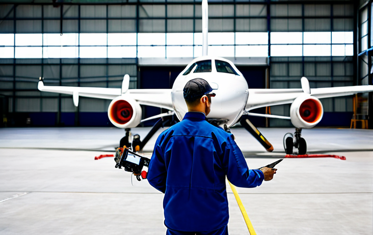 **

"Aviation maintenance technician using a drone to inspect the exterior of a commercial airplane in a hangar. The technician is fully clothed in appropriate attire, wearing safety gear. The drone is close to the plane, capturing detailed images. Modern hangar setting with tools and equipment visible in the background. Safe for work, appropriate content, professional, modest, family-friendly, perfect anatomy, correct proportions, well-formed hands, proper finger count, natural body proportions, professional photography, high quality."

**