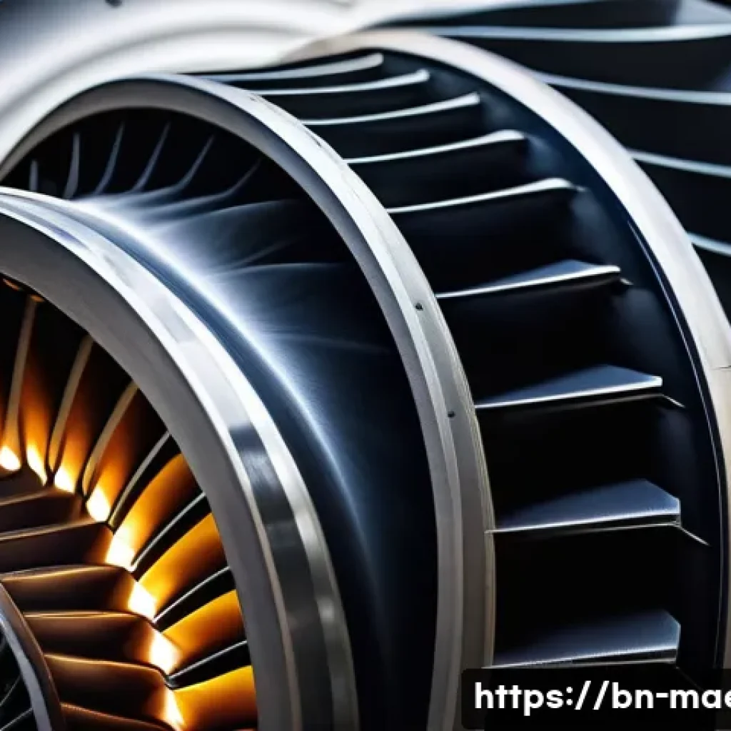 항공기 고온재료 - A highly detailed close-up of a jet engine turbine blade made from nickel-based superalloy, showcasi...