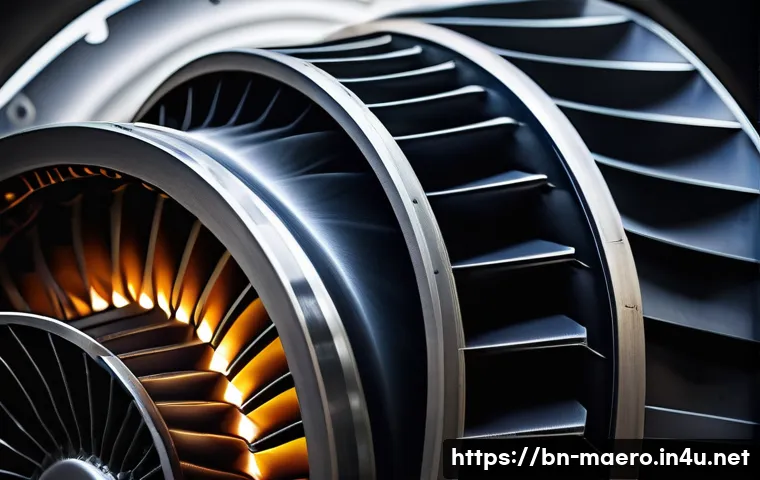 항공기 고온재료 - A highly detailed close-up of a jet engine turbine blade made from nickel-based superalloy, showcasi...