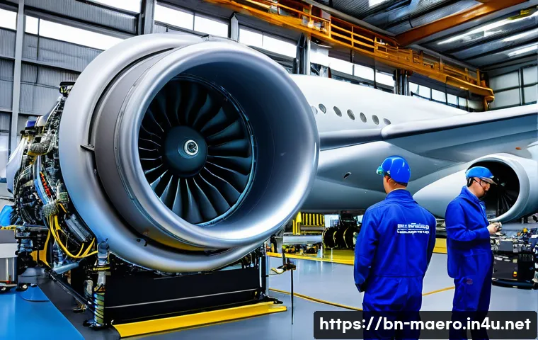 항공기 엔진 성능 시험 - A detailed high-tech aircraft engine testing laboratory scene showing a large jet engine connected t...