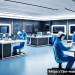 항공우주 재료 설계 - A futuristic aerospace laboratory scene featuring engineers in cleanroom suits examining lightweight...