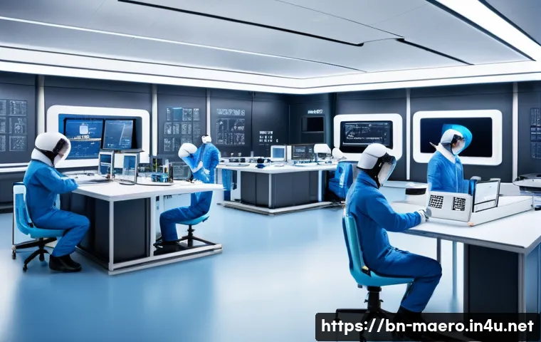 항공우주 재료 설계 - A futuristic aerospace laboratory scene featuring engineers in cleanroom suits examining lightweight...