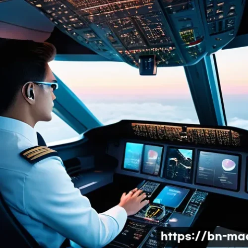 항공우주 기술 혁신 - A futuristic airplane cockpit interior showcasing advanced AI automation and digital displays, with ...