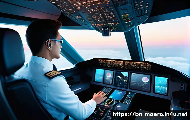 항공우주 기술 혁신 - A futuristic airplane cockpit interior showcasing advanced AI automation and digital displays, with ...
