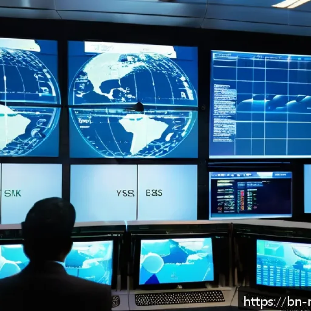 항공기 비행 제어 시스템 - A high-tech air traffic control room with large digital radar screens displaying multiple aircraft p...