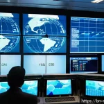 항공기 비행 제어 시스템 - A high-tech air traffic control room with large digital radar screens displaying multiple aircraft p...