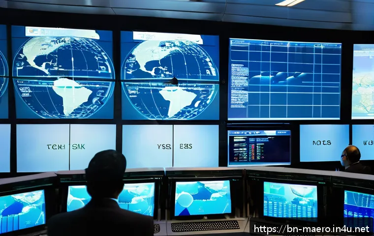 항공기 비행 제어 시스템 - A high-tech air traffic control room with large digital radar screens displaying multiple aircraft p...