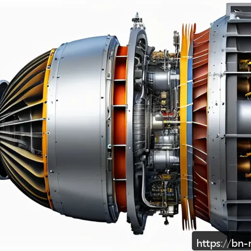 항공기 엔진 동력학 - A highly detailed cross-sectional illustration of a modern aircraft turbofan engine, showcasing the ...