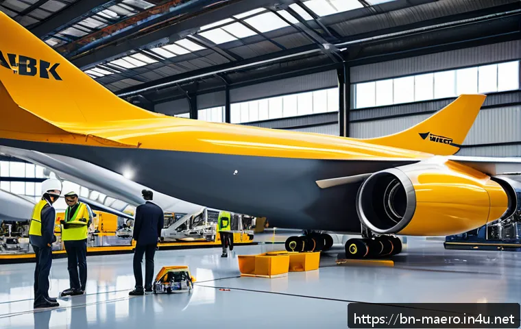항공기 설계 및 제작 - A futuristic airplane manufacturing facility showcasing advanced lightweight materials such as carbo...