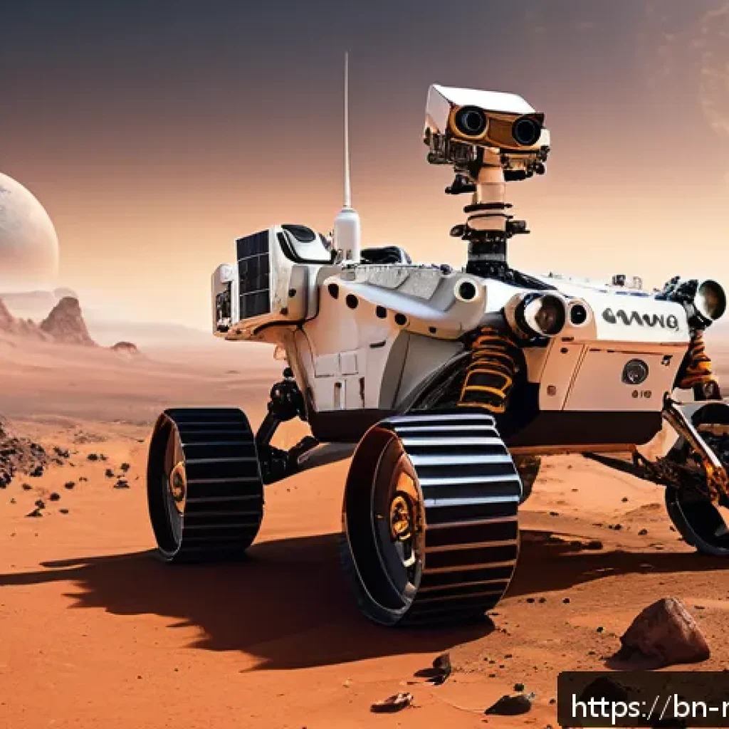 항공우주 인공지능 - A highly detailed futuristic Mars exploration scene featuring AI-powered rovers like Perseverance an...
