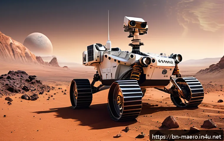 항공우주 인공지능 - A highly detailed futuristic Mars exploration scene featuring AI-powered rovers like Perseverance an...