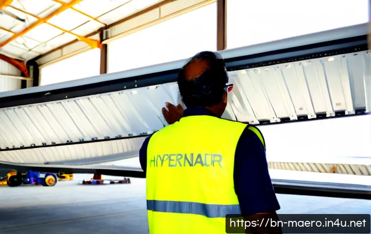 Home 17 항공기 구조 설계 - Photorealistic aerospace structural engineer in a clean modern hangar, carefully inspecting the expo...